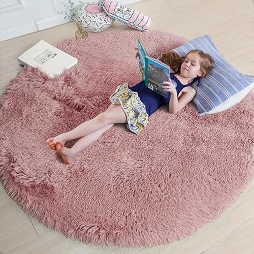 Blush Round Rug 6Ft for Bedroom, Fluffy Fuzzy Plush Circle Area Rugs for Baby Kids Room Decor Aesthetic, Shaggy Circular Carpet for Teen Girls Nursery Dorm Playroom, Cute Large Dusty Rose Mauve Rug