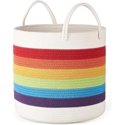Mkono Rainbow Cotton Rope Woven Decorative Storage Basket Baby Nursery Decor Toy Storage Laundry Hamper Baskets for Bedroom Classroom Playroom Kids Room, 15"W x 13.8"H