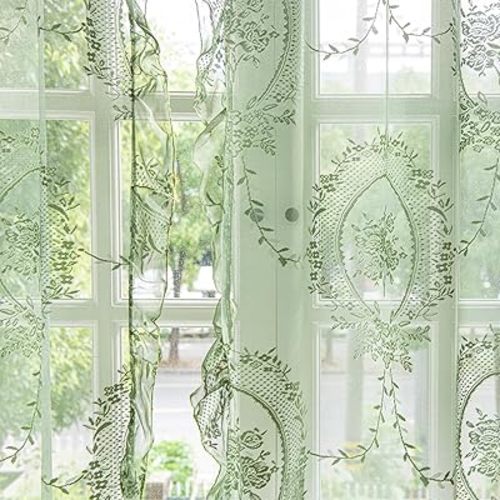 Deeprove Green Lace Curtains 84 Inches Long 2 Panels Set, Boho Sheer Florals Scallop Ruffle, Shabby Chic Vintage Window Treatment Pair Bohemian Christmas Decor Drapes for Bedroom, W57 x L84 Olive