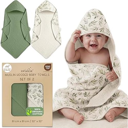 100% Organic Cotton Muslin Baby Hooded Towels 32x32 Inch – 2 Pack Soft & Absorbent Baby Hooded Towel Wrap for Boys & Girls, Premium Hooded Towels, Gentle Baby Essentials in Deep Green/Floral
