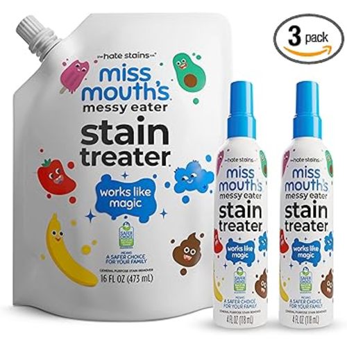 Miss Mouth’s Messy Eater Stain Treater Refill Ready Kit - 2 Pack Stain Remover Spray and 16oz Refill Pouch - Newborn & Baby Essentials - Food, Grease, Coffee Off Laundry, Underwear, Fabric