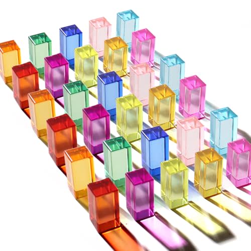 Dinhon 30 Pcs 10 Colors Long Acrylic Bricks - 2.5x2.5x5CM Rainbow Gem Rectangular Cubes, Sensory Stacking Toy for Toddlers 1-5, Bulk Creative Play Birthday Gift for Kids