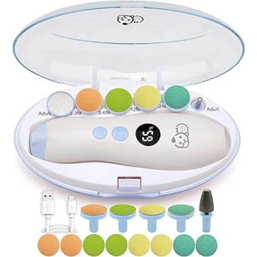Rechargeable 22 in 1 Baby Nail Trimmer, Usage Labeled Case, 13 Extra Replacement Tools, Royal Angels Electric Nail File with LCD display, Newborn Toddler Nail Care Clipper Kit (Rechargeable,WhiteBlue)