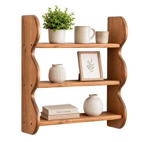 100% Solid Wood 3-Tier Floating Wall Shelves, Rustic Farmhouse Storage Rack for Living Room, Bedroom