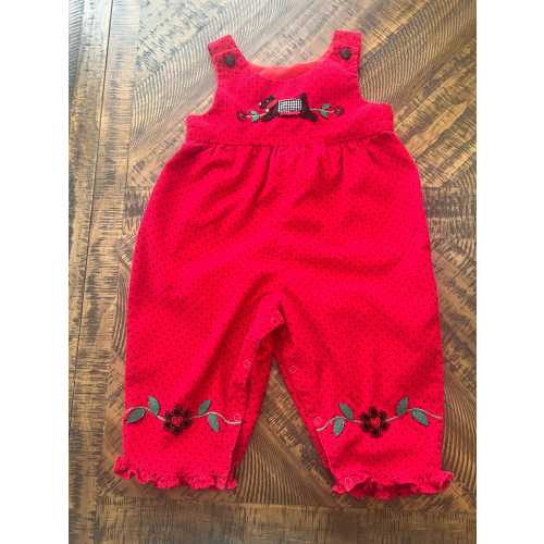 Girls 2000s Y2K corduroy overalls with polka dots, dogs, and flowers. Size 18 months
