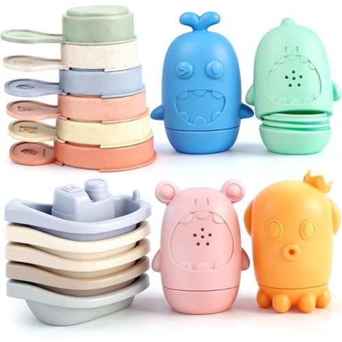 Baby Bath Toys for Kids Ages 1-3, 15 PCS Mold Free Bath Toys for Toddlers 2-4 Bathtub Water Table Pool Toys, Silicone Bath Toy and Bath Boats Spoons, Christmas Stocking Stuffers for Babies & Toddlers