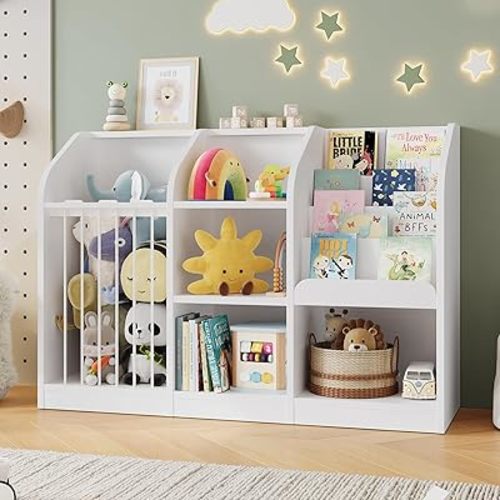 ONBRILL Toy Storage Organizer with Bookshelf & Stuffed Animal Storage, Kids Montessori Low Cabinet with 4 Open Cubbies for Kids Room Playroom Nursery Bedroom Living Room (White)