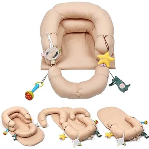 2-in-1 Tummy Time Mat & Seated Support Cushion for Newborns and Older Babies - Baby Tummy Time Support Cushion with Detachable Cushion and Toys(Coffee)