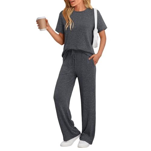 LILLUSORY Womens Lounge Sets 2 Piece Matching Travel Outfits | Lightweight Ribbed 2 Piece Set, Breathable, Stretchy, Wrinkle-Resistant, Travel Ready, Versatile