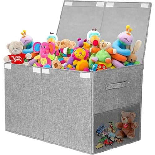 Large Toy Storage Box with Lid Upgraded Toy Chest Organizer with Removable PP Divider Foldable Toy Bin for Kids Boys Girls Linen Fabric Toy Box for Playroom Nursery Bedroom (25"x13"x16")