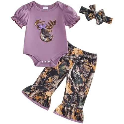 Newborn Baby Girl Hunting Clothes Deer Puff Short Sleeve Romper Jungle Camo Flare Pants Set 3 Piece Summer Outfit