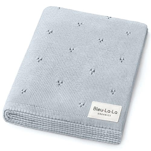 Bleu La La Organic Pointelle Receiving Swaddle Blanket for Boys & Girls - 100% Luxury Organic Soft Cotton Knit Warm Cozy Cuddle Stroller Blanket for Newborns Infants & Toddlers (Powder Blue)