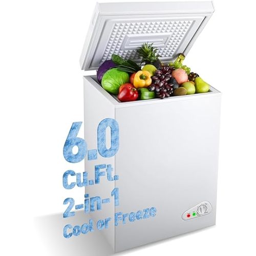Chest Freezer 6.0 Cu.Ft, FreeStanding Top Door Compact Small Deep Mini Freezer with 2 Removable Baskets, 7 Adjustable Temperatures for Garage Dorm Apartment RV Kitchen Business, White