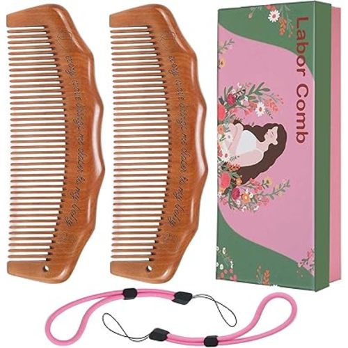 2 Pack Labor Comb, Fine Tooth Birth Comb for Labor Pain with Wrist Adjustable Strip for Expecting Moms - Peach Wood