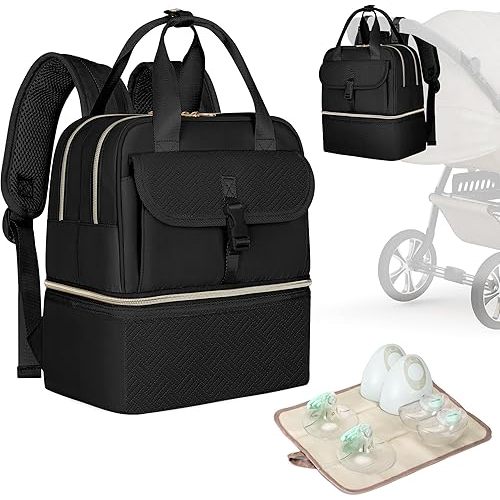 Fasrom Wearable Breast Pump Bag with Cooler Compartment, Compatible with Momcozy, Medela and Elvie Hands Free Pumps, Pumping Travel Bag with Waterproof Mat, Black (Bag Only)
