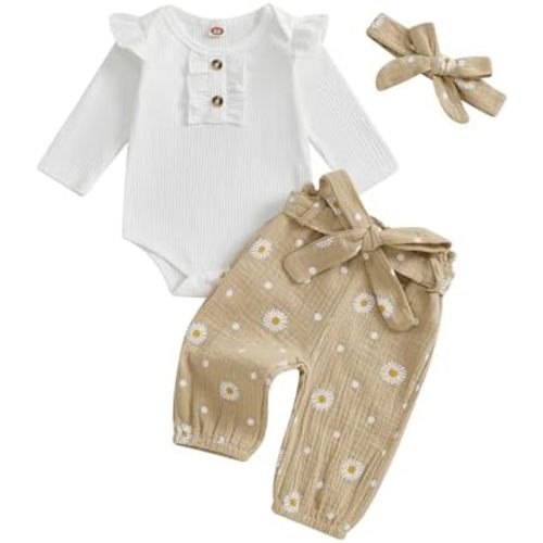 Kaipiclos Newborn Infant Girl Clothes Rib Knit Romper Ruffle Sleeve Daisy Print Pants Baby Clothes Girls 0 3 6 12 18 24 Month