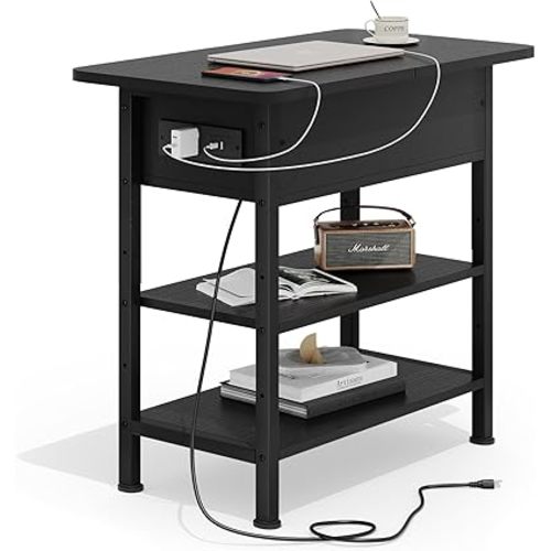 End Table with Charging Station, Flip Top Side Table with USB Ports and Outlets, 3-Tier Small Side Table with Storage for Small Space, End Tables for Living Room/Bedroom, Black