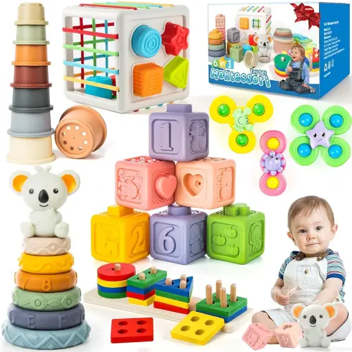 6-in-1 Baby Toys 6 to 12 Months, Montessori Toys for Babies 6-12-18 Months, Infant Teething Toy Stacking Blocks Rings Sensory Bin, Sorting Sensory Educational Learning Gift for Toddlers Aged 1-3