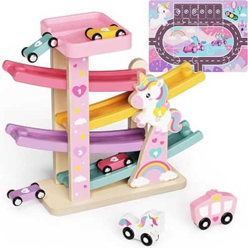 Montessori Toys for 18 Months Old Girl, Wooden Car Ramp Toys,Unicorn Themed