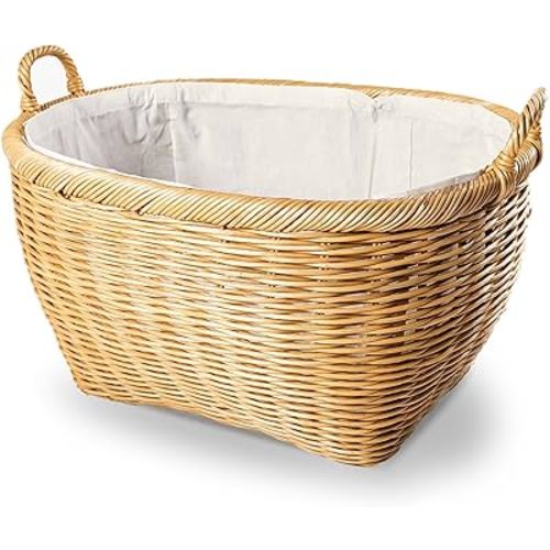 The Basket Lady Oval Wicker Laundry Basket, 25 in L x 19 in W x 14 in H (17 in overall H), Sandstone