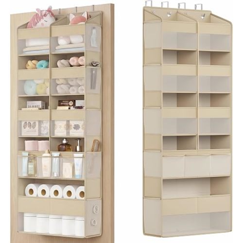 SONGMICS Over-the-Door Organizer, 9-Compartment Door Hanging Storage Shelf, Foldable Closet Hanging Organizer, Heavy-Duty, Metal Hooks, Transparent, Summer Sand URDH009LF01