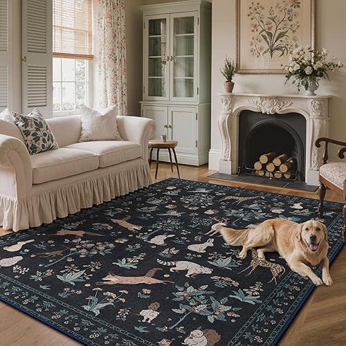 Washable Rugs 8x10 Rug for Living Room,Floral Animal Print Area Rug, Non Slip Low Pile Carpet for Bedroom, Dining Room, Nursery,Playroom, Black