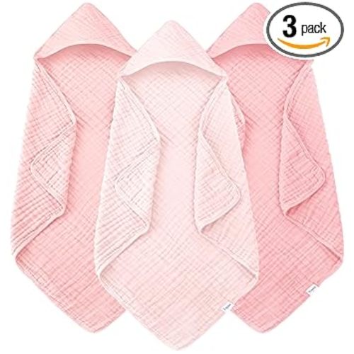 Muslin Hooded Baby Bath Towels - 3 Pack 100% Cotton Ultra-Soft Towels for Newborns, Infants, Toddlers - 32x32 Inch - Highly Absorbent, Quick-Dry Essentials for Bath Time, Beach, Pool, Pink Series