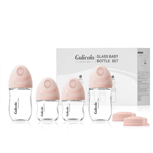 Gulicola Natural Glass Baby Bottles Set 4 Pack, Newborn Boy Breastfeeding Bottles with Slow Flow Nipples, 0 Months+, 3 oz & 5 oz - Pink