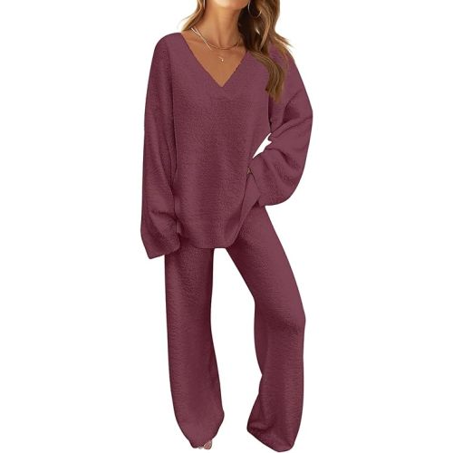 MEROKEETY Women's Lounge Sets 2025 Fall Fashion 2 Piece Outfits Sweater Pajama Set Fuzzy Loungewear Matching Winter Clothes