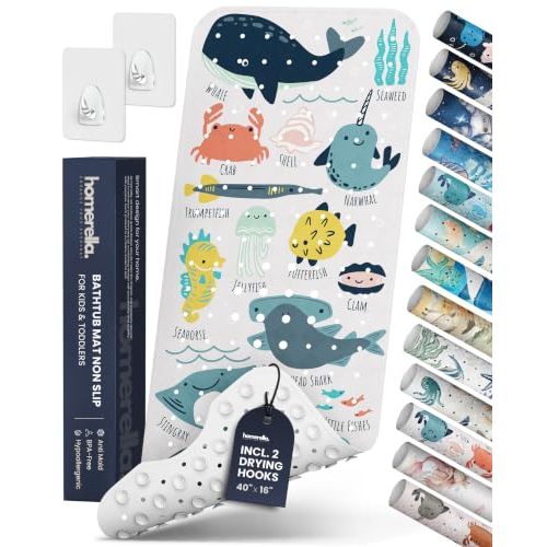 Bath Tub Mat Non Slip Anti Mold for Kids BPA Free INCL Hooks - homerella® Ocean Sea Animals 40x16, Baby Bath Mat Non Slip 200 Suction Cups, Non Toxic Machine Washable Toddler Bath Mat, EU Certified