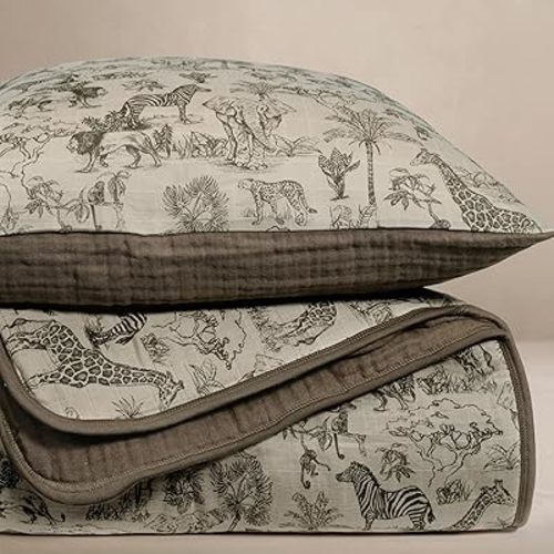 Oilo 100% Organic Premium Cotton Muslin Crib Quilt & Sham Set, (45" x 60") Print and Solid Sides, Extra-Soft & Lightweight, Fits Toddler Beds, Heirloom Organic Collection, Vintage Safari