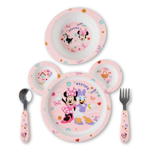 The First Years Disney Minnie Mouse Kids Dinnerware Set - Includes Toddler Plate, Bowl, Fork, and Spoon - Baby Led Weaning Supplies - 4 Count- Ages 9 Months and Up