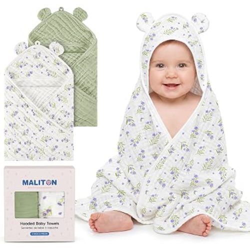 Maliton 2-Pack Hooded Baby Towels, Baby Essentials & Newborn Essentials - 100% Muslin Cotton Baby Bath Towels, Ultra-Soft & Absorbent (32" x 32", Green&Rabbit)