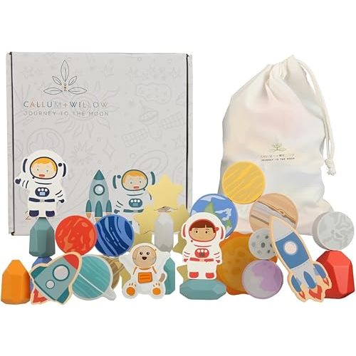 Toddler 30 Piece Stacking Wood Blocks Space Gift - Montessori 2 Year Old Fine Motor Skills Toy Learning Stacking Shape Sorter Sensory Preschool Busy Journey to the Moon (Block Set, Wood)