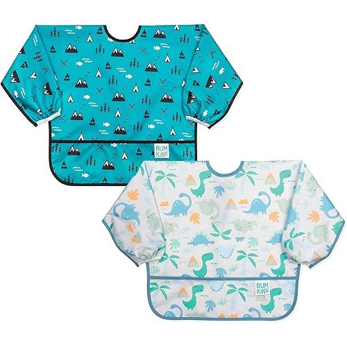 Bumkins - Sleeved Bib - For Boys & Girls, Babies & Toddlers 6-24 Months - Lightweight, Durable, Waterproof -Long Sleeve Bib -Catch-All Pocket -Wipeable & Machine Washable -Dinosaurs & Outdoors -2 Pack