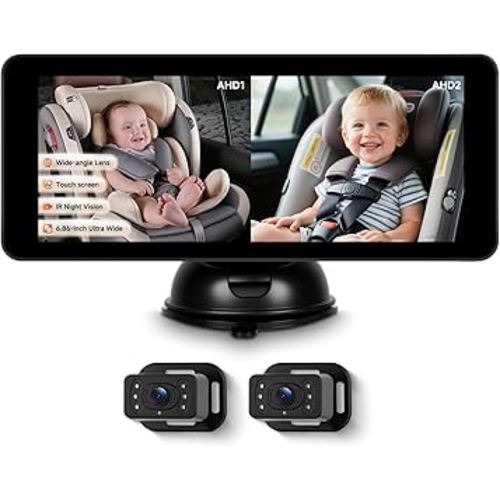 Rimoody 6.86'' Baby Car Camera for Seat HD Bual Rear Facing, Car Camera for Baby Night Vision Wide View Angle Reusable Sucker Bracket, Easy Install 360° Adjustable