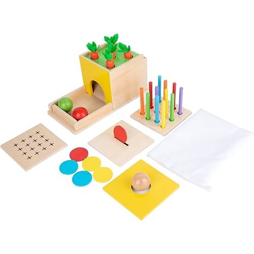 Montessori Toddler Play Kit Montessori Box Toys for 1 Year Old 2 Years Baby Learning Toys Gift Carrot Harvest Game, Matchstick Color Drop Game and Coin Box (5-for-1)