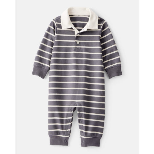 Baby Boy Striped Cotton Long-Sleeve Polo Jumpsuit - Grey/Ivory - Carter's | Carter's