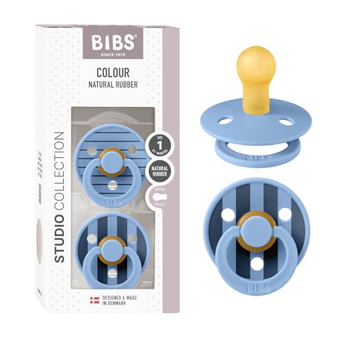 BIBS Colour Pacifier, 0-6 Months, 2-Pack, Round Nipple, Pin Sky Blue | Natural Rubber Latex | Size 1 | BPA-Free | Made in Denmark | High Nipple Acceptance | Airflow Holes | Comfort Shield