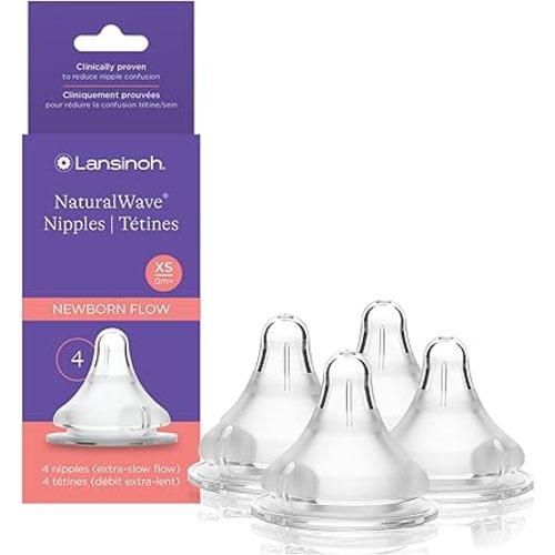 Lansinoh NaturalWave Baby Bottle Nipples, Extra Slow Flow, Size XS, 0+ Months, 4 Count – 100% Soft, Durable Silicone, Made Without BPA BPS, Anti-Colic, Supports Baby’s Developing Mouth and Teeth