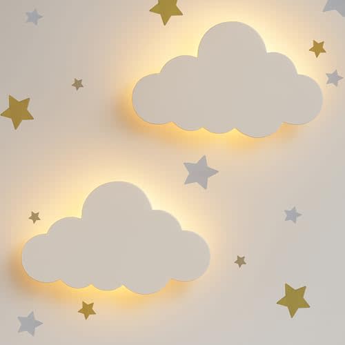 KALEOLI Cloud Wall Lights 2 Pack for Nursery – Dimmable & Rechargeable Night Lights for Baby Room Decor (Star Decals Included)