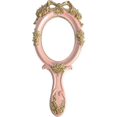 Nerien Handheld Mirror Vanity Makeup Mirror Travel Princess Metal Cosmetic Mirror Portable Oval Embossed Rose Mirrors Decorative Desk Girl Student Vintage Beautiful Handle Mirrors Pink-3