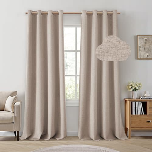 HOMEIDEAS Beige 100% Blackout Curtains 96 Inches Long，Linen Blend Textured Darkening Windows Thermal Insulated Drapes for Living Room, Bedroom, Nursery, 2 Panels, 52 X 96 Inches, Boho Farmhouse Style