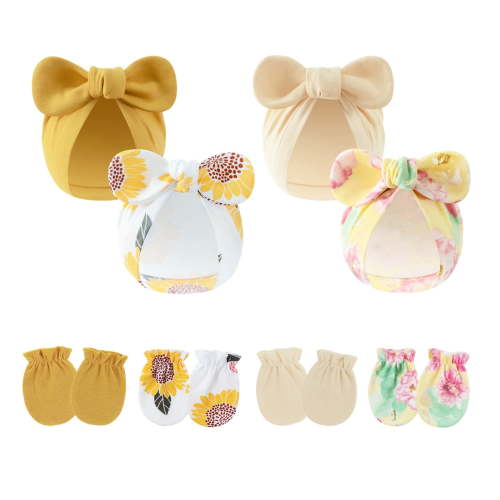 4PCS Newborn Baby Hospital Hats Beanie Bow Infant Caps Cotton Preemie Hats No Scratch Mittens Set for 0-1 Years Old