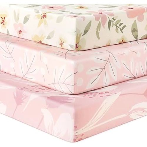 Baby Crib Sheets for Boys Girls, Fitted Crib Sheet Neutral 3 Pack for Standard Crib and Toddler Mattress, Breathable Soft Microfiber Baby Sheet 28x52x8in Pink Flowers & Leaf