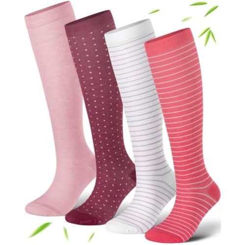 Bamboo Viscose Compression Socks|4Pairs 15-20mmHg Knee High Socks
