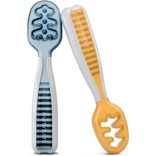 NumNum Baby Spoons Set, Baby Essentials Pre-Spoon GOOtensils for 6+ Months, First Stage Self-Feeding Spoons for Baby Led Weaning (BLW), Silicone Toddler Utensils, BPA-Free, 2 Pack Blue/Orange