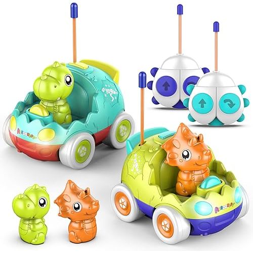Remote Control Car for Toddlers, Toddler Toys for 18+Months RC Cars with LED Lights & Music, Dinosaur Toys for Kids 2 3 4 5 Years Old, Birthday Gifts Toys for 3+ Year Old Girls Boys Toys-2 Pack