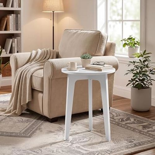 VASAGLE MAEZO Collection - Small Side Table, Round End Table, Nightstand with Tapered Legs, Curved Transitions, for Small Spaces, Living Room, Bedroom, Cloud White ULET237WB01S
