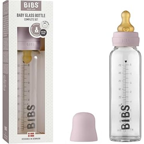 BIBS Baby Glass Bottle. Anti-Colic. Round Natural Rubber Latex Nipple. Supports Natural Breastfeeding, Complete Set - 225 ml, Dusky Lilac